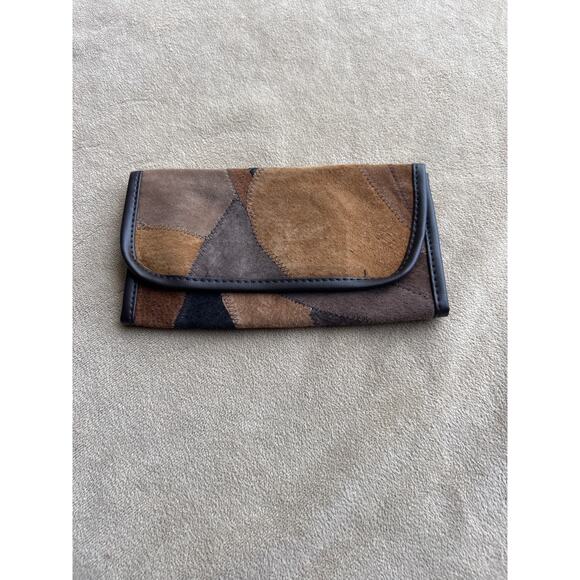 Vintage Style Patchwork Suede Purse Brown Pig Leather Wallet Shoulder Bag - Picture 9 of 12